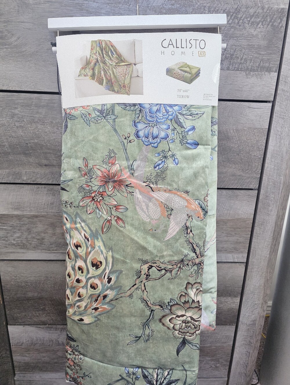 Callisto Home Green Floral Koi Peacock Tapestry Throw Blanket